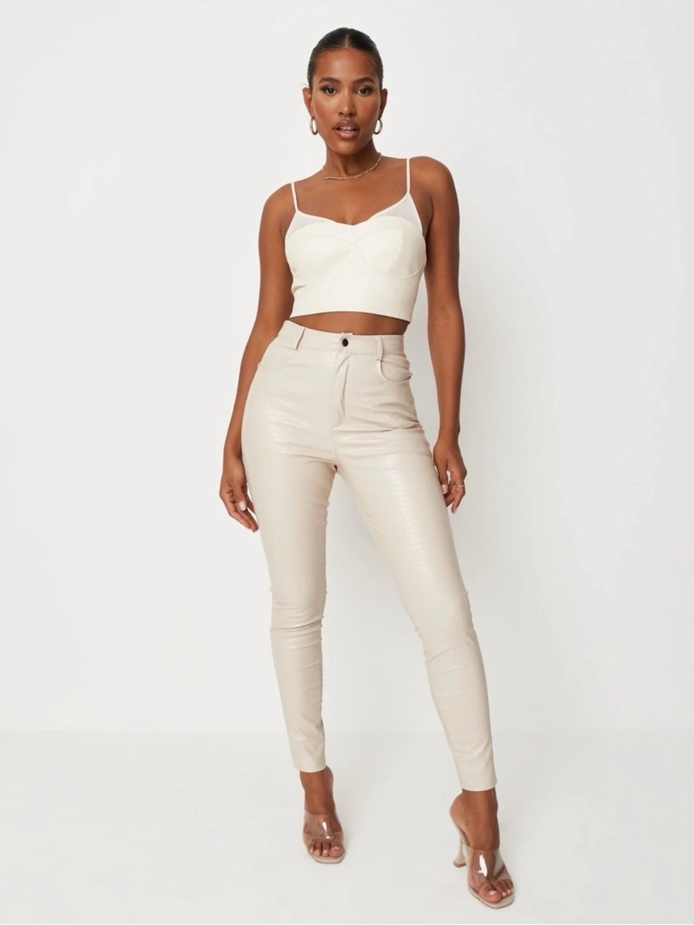 Missguided Cream Faux Croc Slim Leg Trousers High Rise, Size 2